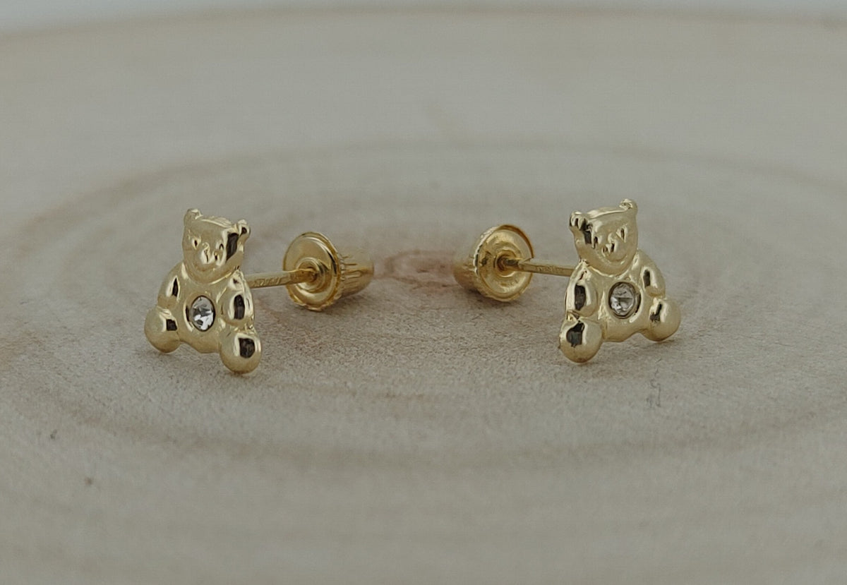 14K Solid Gold Baby Bear Earrings with Cubic Zirconia – Adorable & Safe for Infants