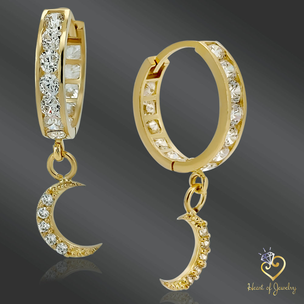 14K Gold Moon Dangle Earrings – Cubic Zirconia Accents for Starry Charm