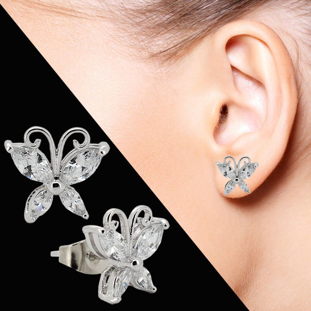925 Sterling Silver Butterfly Stud Earrings – Sparkling CZ Wings for a Graceful Look