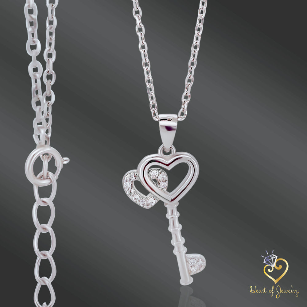 Double Heart Key Necklace in 925 Sterling Silver – 16" + 1" Adjustable Cable Link Chain