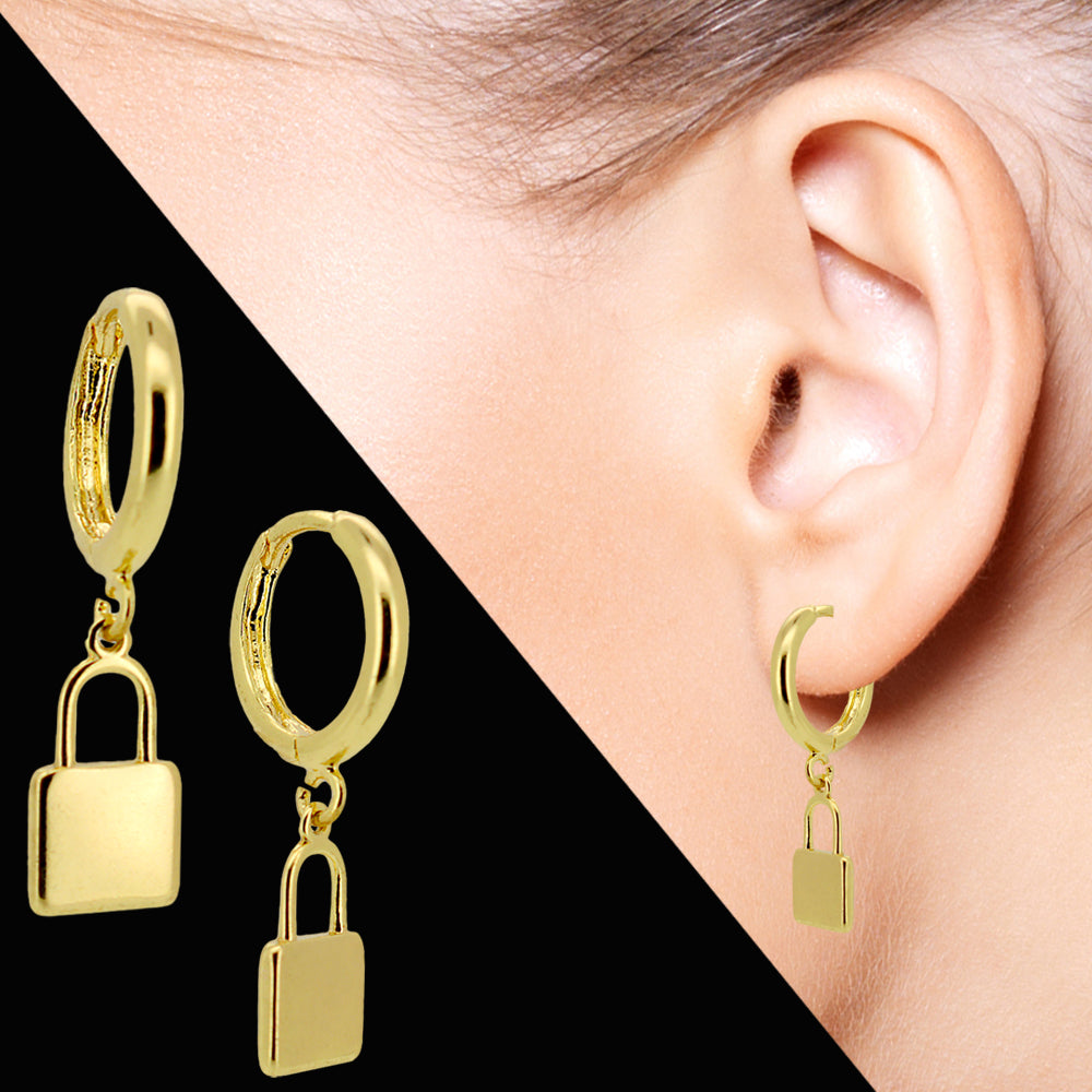 14K Gold Plated Little Lock Charm Huggies Hoop Earrings – Stainless Steel Base