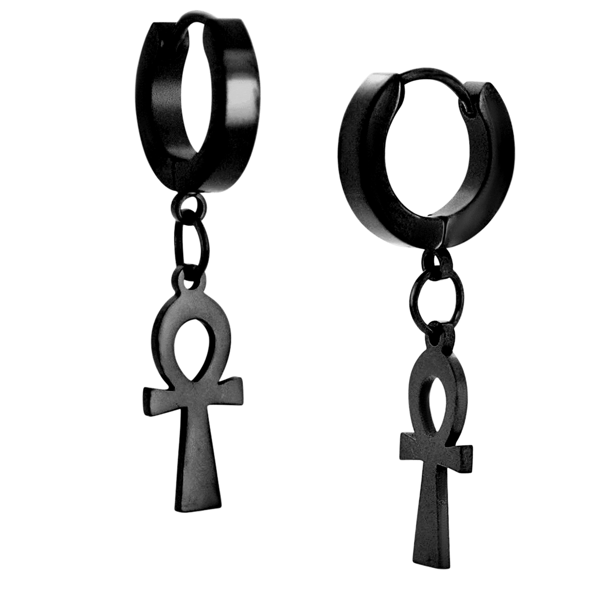 Hypoallergenic 316L Stainless Steel Dangling Ankh Cross Huggies – Steel, Gold, Black & Rainbow Plated Clip-On Earrings