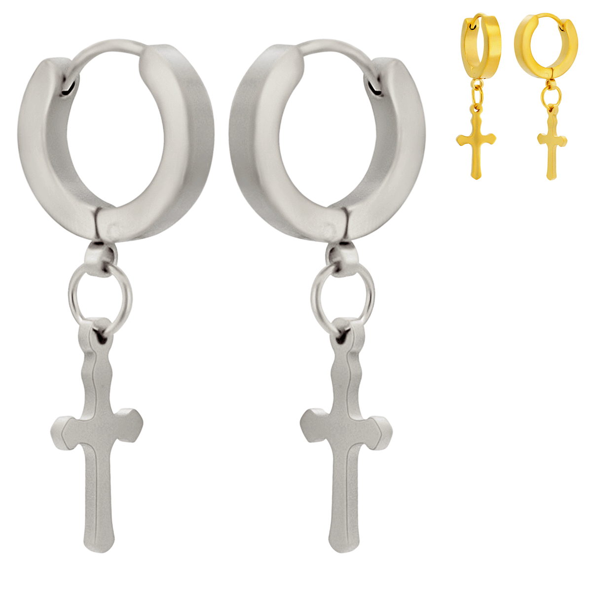 Hypoallergenic 316L Stainless Steel Dangling Cross Huggies – Steel, Gold, Black, Rose Gold & Rainbow Plated Clip-On Earrings