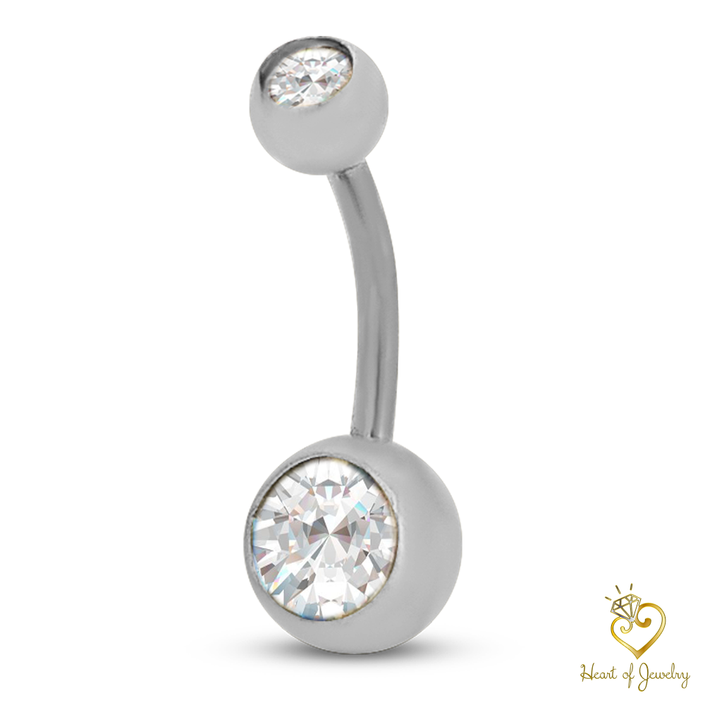316L Surgical Steel Double Gem Cubic Zirconia Belly Navel Ring Clear Color - 8x5mm Ball - 14g Thickness - 11mm Length