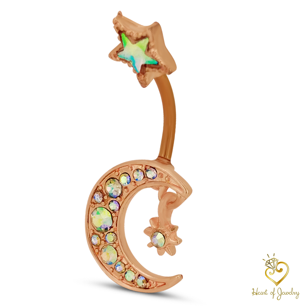 316L Surgical Steel Crescent Moon with Cubic Zirconia Design Belly Navel Ring 15.5x5mm Ball - 14g Thickness - 11mm Length