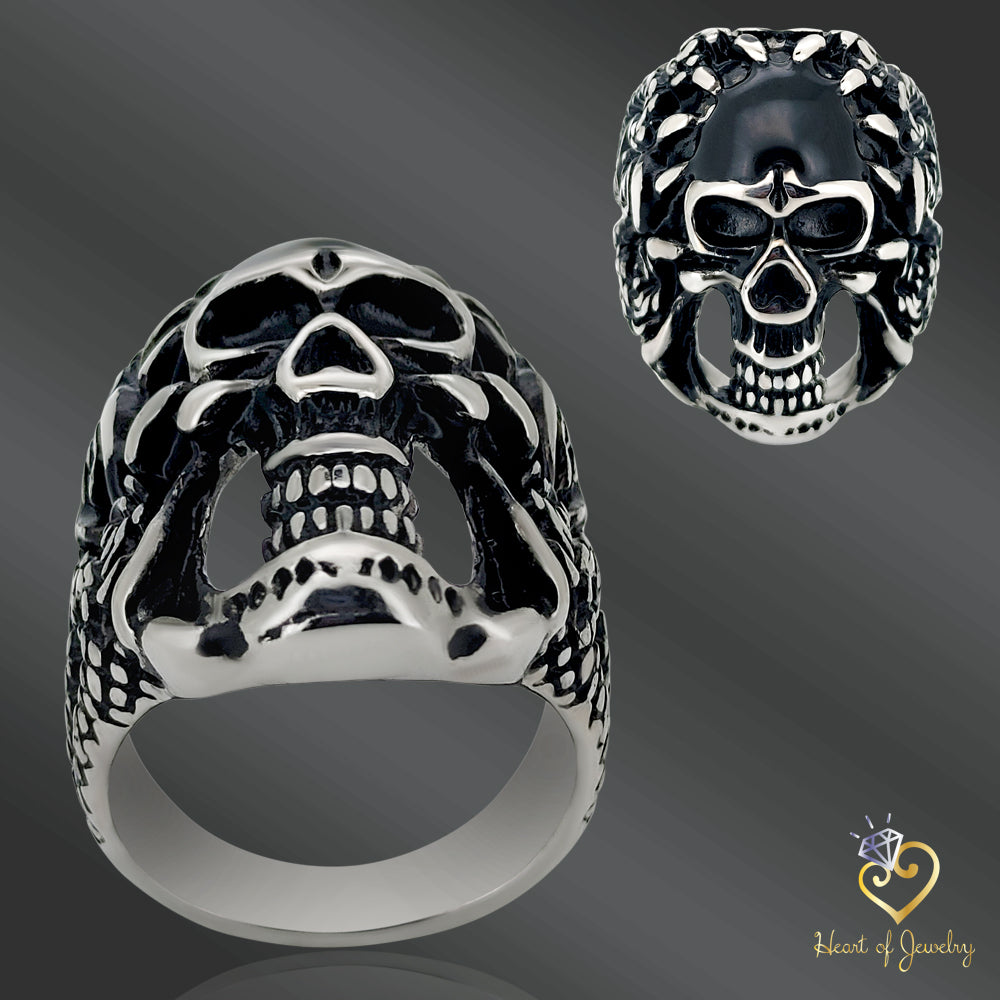 Rose Decorated Steel Claws Grasping Black Skull Stainless Steel Casting Rings