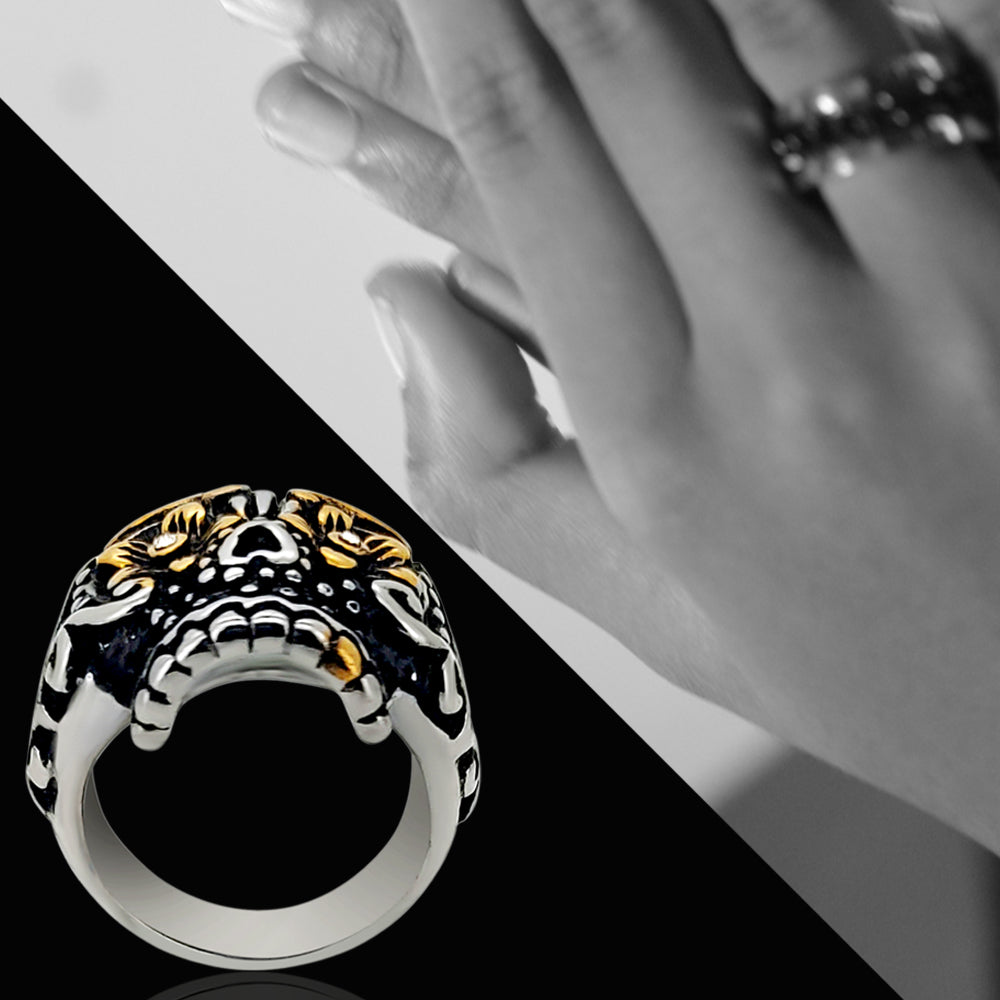 Day of the Dead Sugar Skull with Gold PVD Plated Floral Eyes Stainless Steel Casting Rings