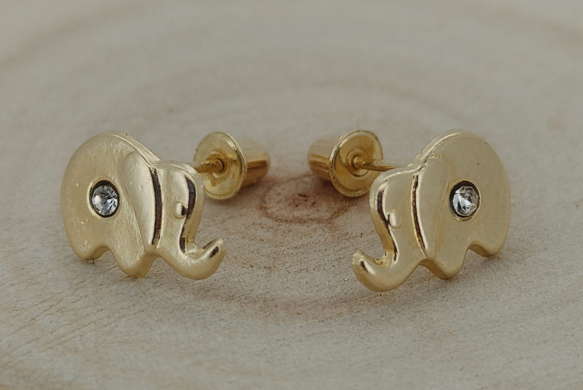 Adorable 14k Gold Elephant Baby Earrings with CZ & Safety Screw Back