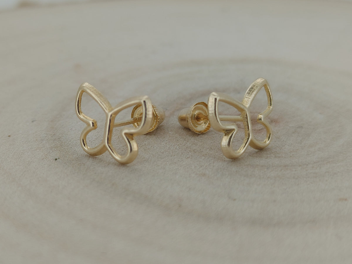14K Solid Gold Hollow Butterfly Baby Earrings – Dainty Design with Secure Screw Backs