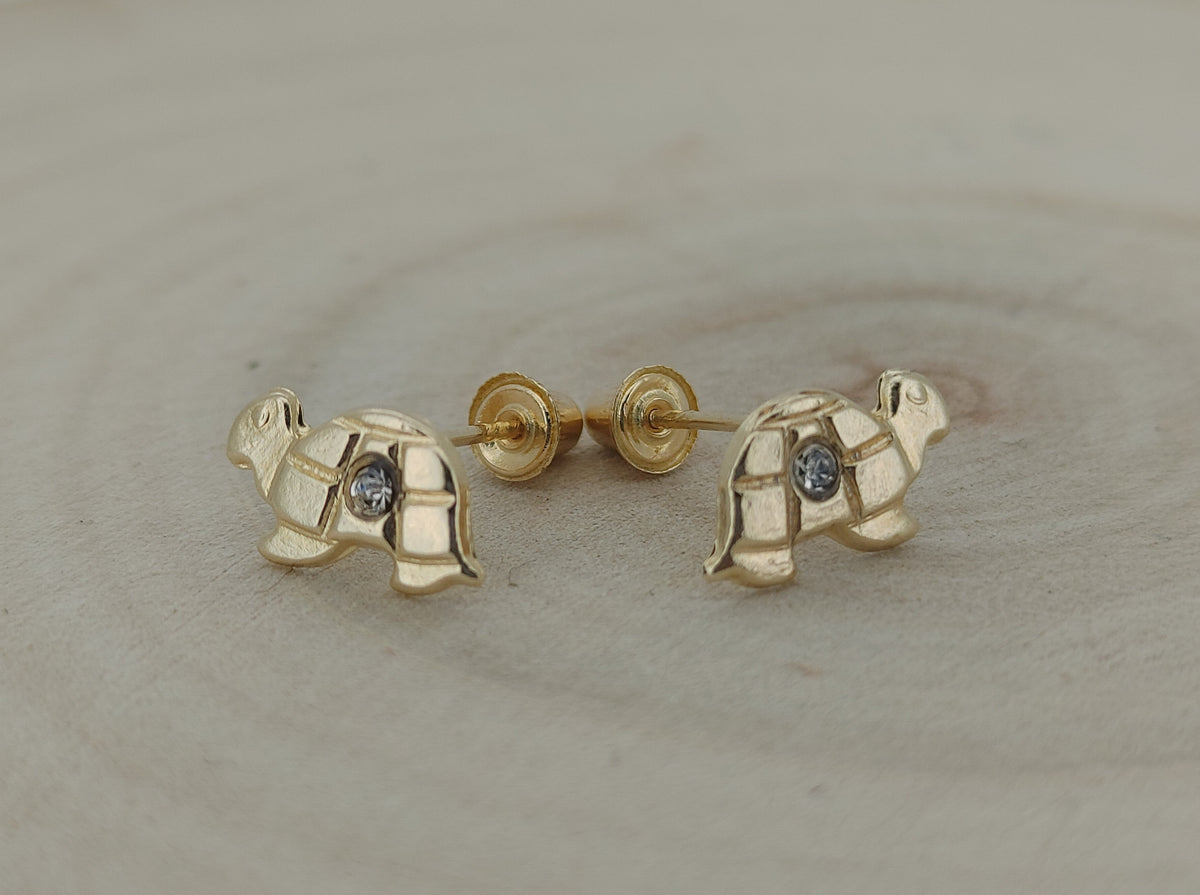 14K Solid Gold Turtle Baby Earrings with CZ – Safe Screw Backs for Little Ears