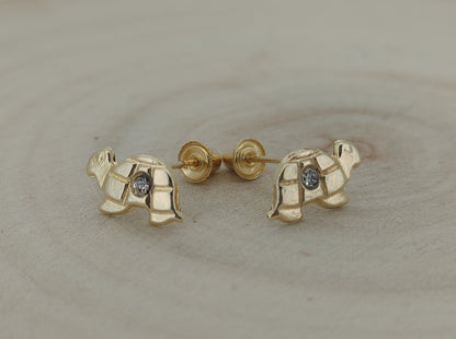 14K Solid Gold Turtle Baby Earrings with CZ – Safe Screw Backs for Little Ears
