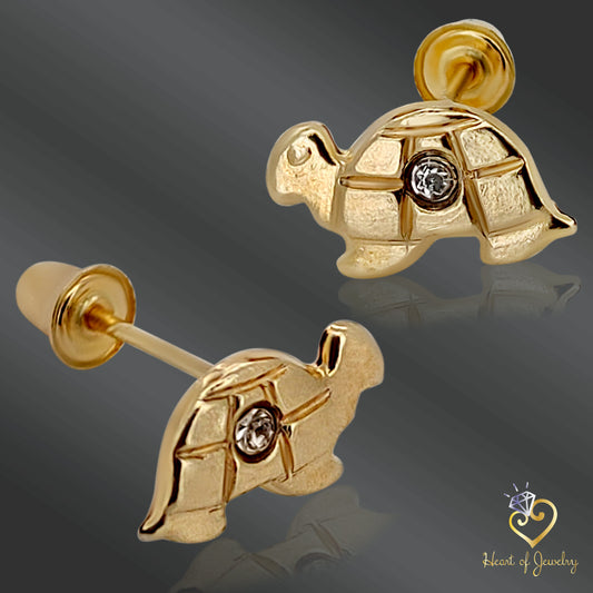 14K Solid Gold Turtle Baby Earrings with CZ – Safe Screw Backs for Little Ears