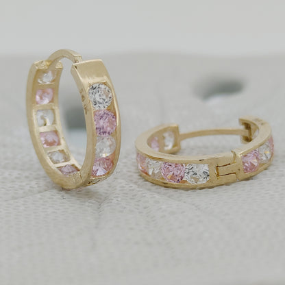 14K Solid Gold Huggie Earrings with Clear & Pink CZ – Dainty Sparkle for Everyday Glam
