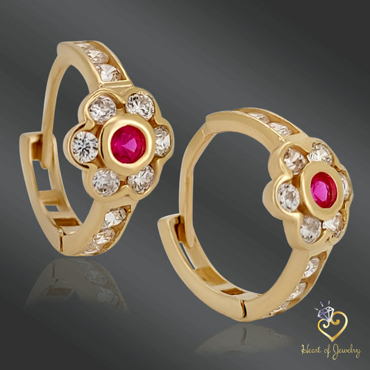14K Solid Gold Flower-Embossed Earrings with Pink & Clear CZ – Dainty Floral Sparkle