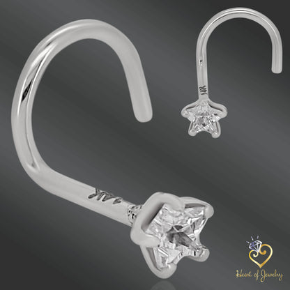 Star Prong Nose Ring in 14K Gold with Cubic Zirconia – Screw Style, 20g