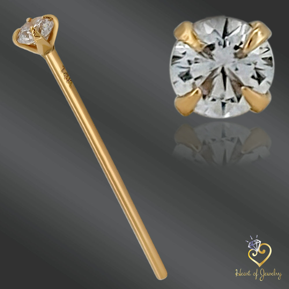 Dainty 14K Gold Nose Pin – Fishtail Style with Round CZ Prong Setting, 20 Gauge