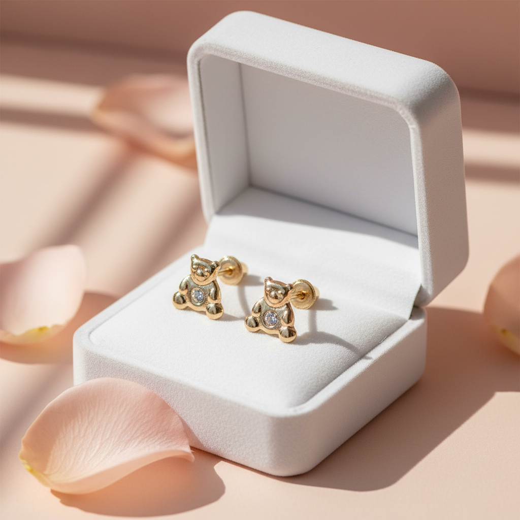 14K Solid Gold Baby Bear Earrings with Cubic Zirconia – Adorable & Safe for Infants