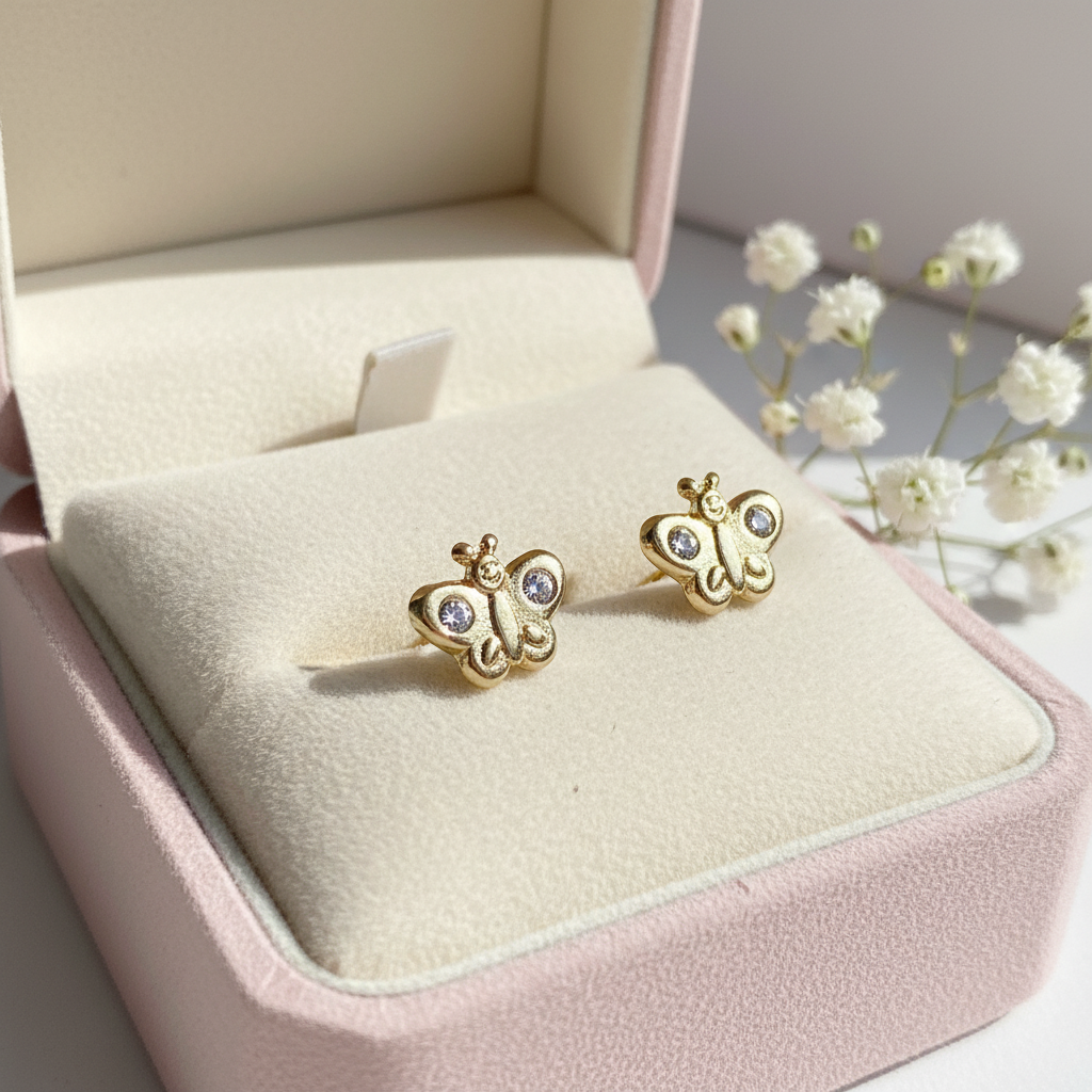 14K Solid Gold Butterfly Baby Earrings with CZ – Dainty & Safe for Little Ears