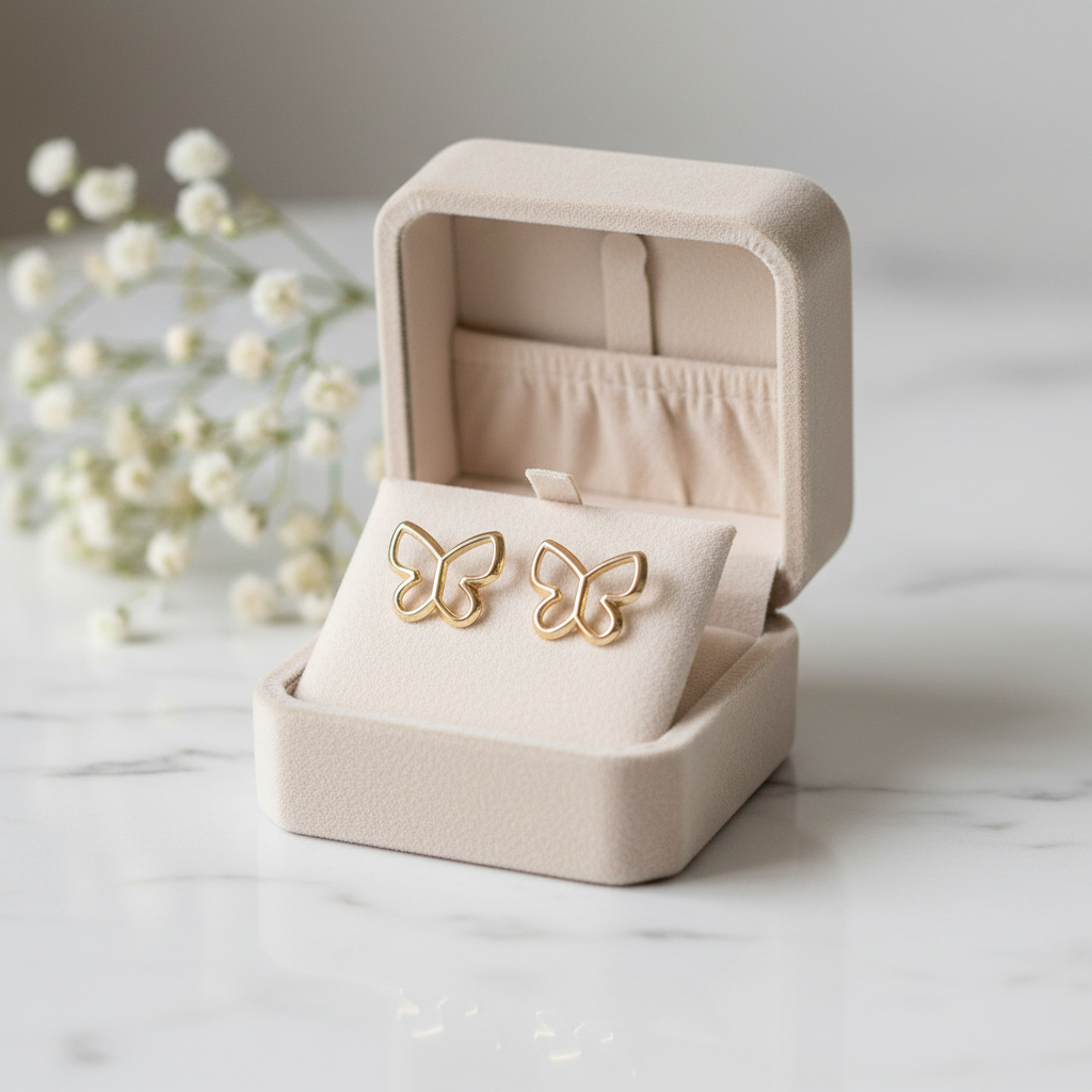 14K Solid Gold Hollow Butterfly Baby Earrings – Dainty Design with Secure Screw Backs