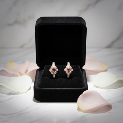 14K Solid Gold Flower-Embossed Earrings with Pink & Clear CZ – Dainty Floral Sparkle