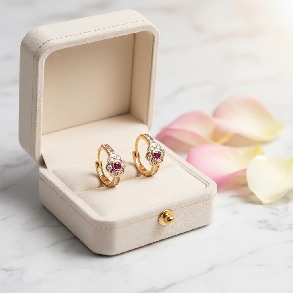 14K Solid Gold Flower-Embossed Earrings with Pink & Clear CZ – Dainty Floral Sparkle