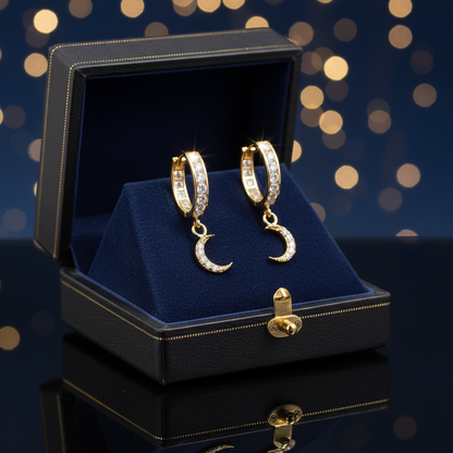 14K Gold Moon Dangle Earrings – Cubic Zirconia Accents for Starry Charm