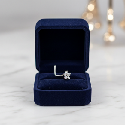 Solid 14K Gold Nose Stud – L Bend Style with Cubic Zirconia Flower, 20 gauge