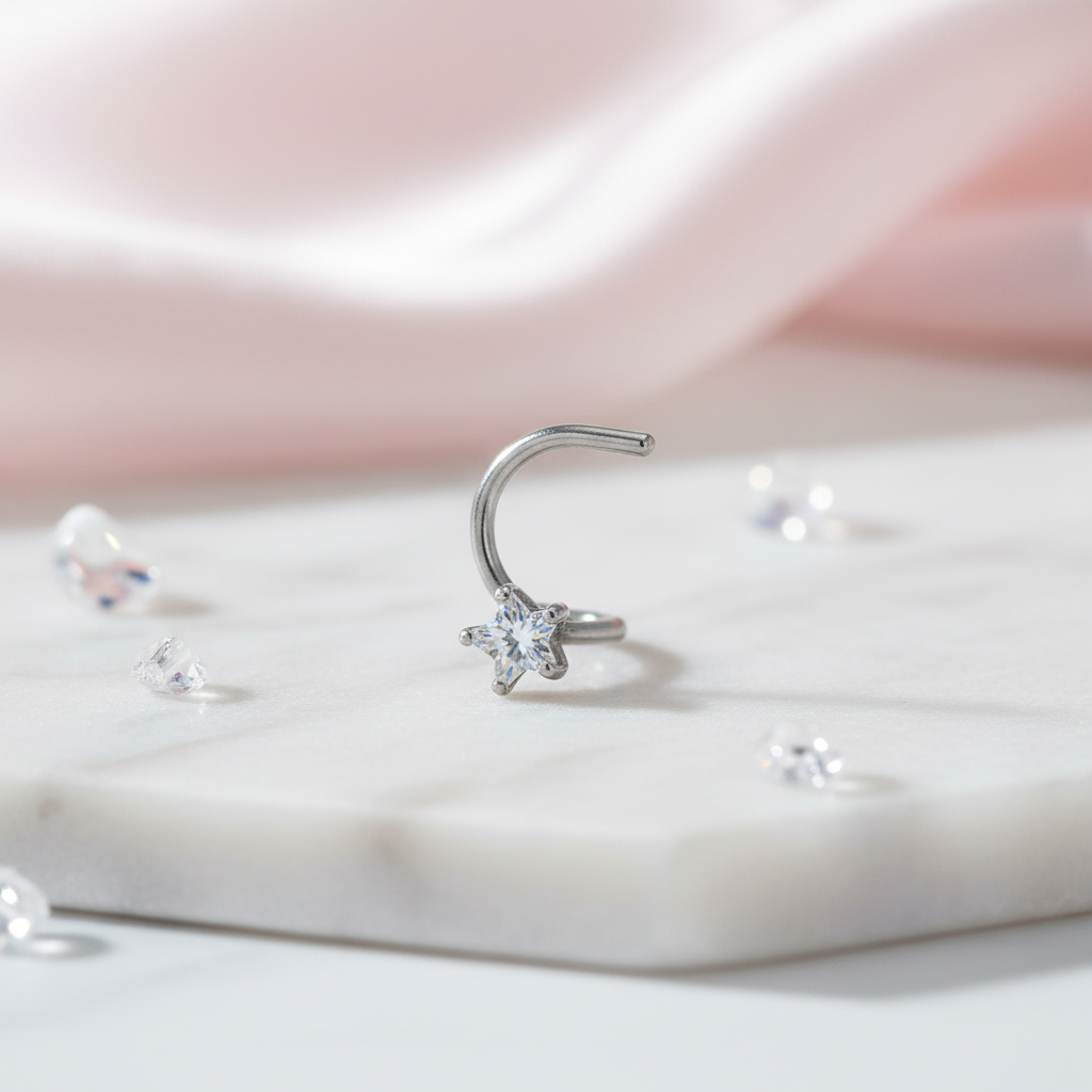 Star Prong Nose Ring in 14K Gold with Cubic Zirconia – Screw Style, 20g