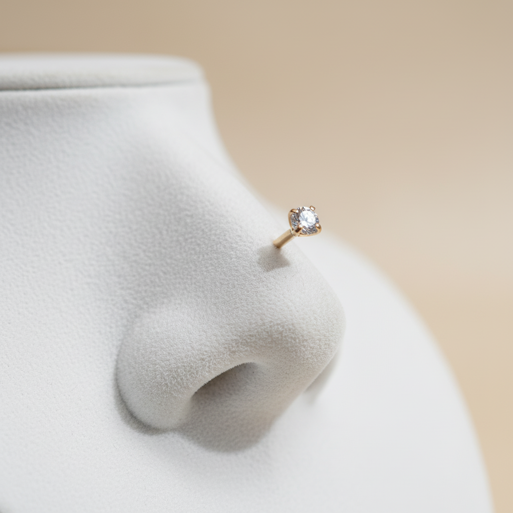 Dainty 14K Gold Nose Pin – Fishtail Style with Round CZ Prong Setting, 20 Gauge