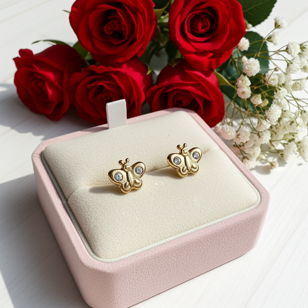 14K Solid Gold Butterfly Baby Earrings with CZ – Dainty & Safe for Little Ears