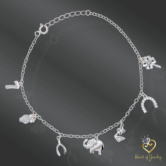Lucky Symbol Charm Bracelet in 925 Sterling Silver – 6.5" + 1" Adjustable Length