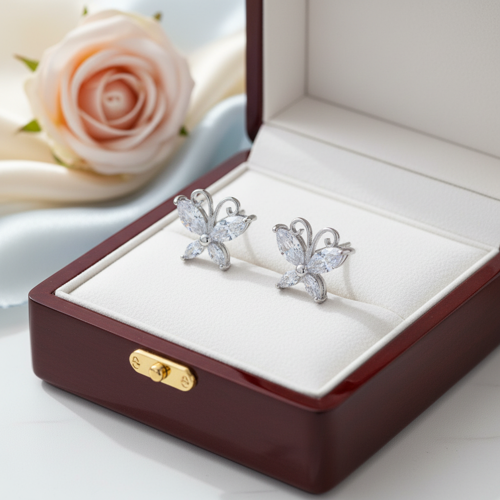 925 Sterling Silver Butterfly Stud Earrings – Sparkling CZ Wings for a Graceful Look
