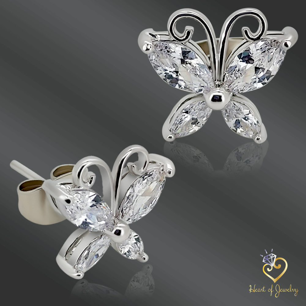 925 Sterling Silver Butterfly Stud Earrings – Sparkling CZ Wings for a Graceful Look