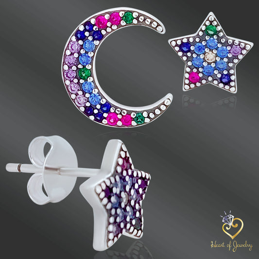 925 Silver Crescent Moon and Star Earrings – Dreamy Design with Classic Butterfly Backing