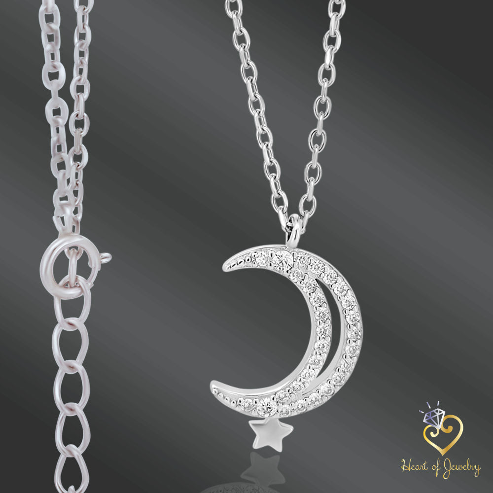 Crescent Moon & Star Necklace in 925 Sterling Silver – 16" + 1" Adjustable Cable Link Chain