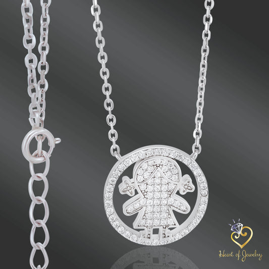 Little Girl Pendant Necklace in 925 Sterling Silver – 16" + 1" Adjustable Cable Link Chain