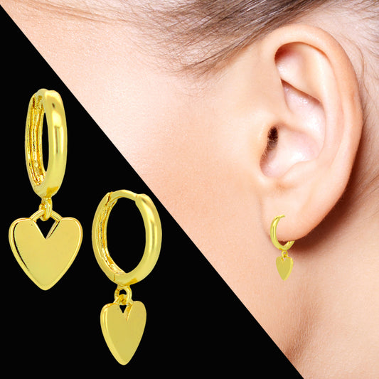 14K Gold-Plated Heart Charm Huggies Hoops – Hypoallergenic Steel