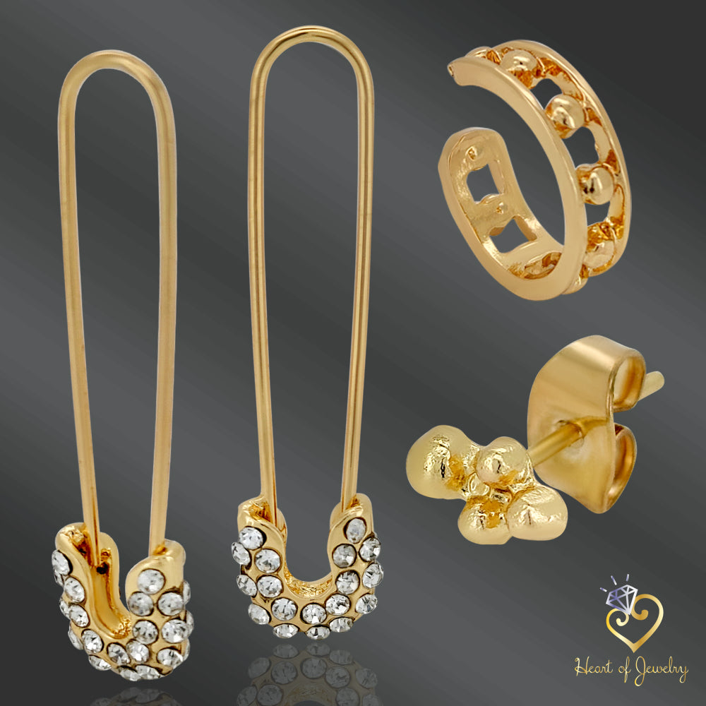 Edgy Gothic Safety Pin Studs – 4pcs Crystal CZ & Brass Statement Earrings for Women