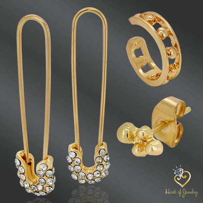 Edgy Gothic Safety Pin Studs – 4pcs Crystal CZ & Brass Statement Earrings for Women