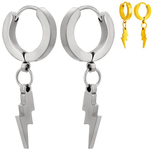 Hypoallergenic Stainless Steel Huggies Hoop Earrings with Dangling Lightning Bolt – Steel, Gold & Black Plated