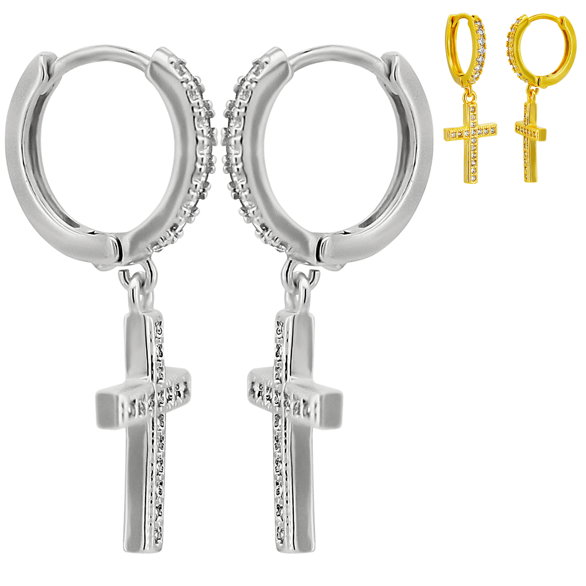 Hypoallergenic 316L Stainless Steel Dangling Cross Zircon Huggies – Gold & Steel Plated Clip-On Earrings