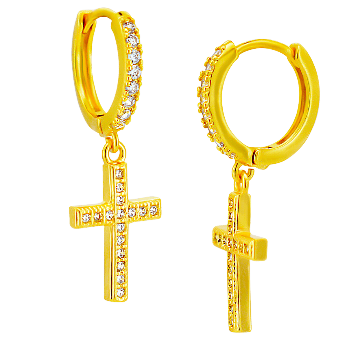 Hypoallergenic 316L Stainless Steel Dangling Cross Zircon Huggies – Gold & Steel Plated Clip-On Earrings