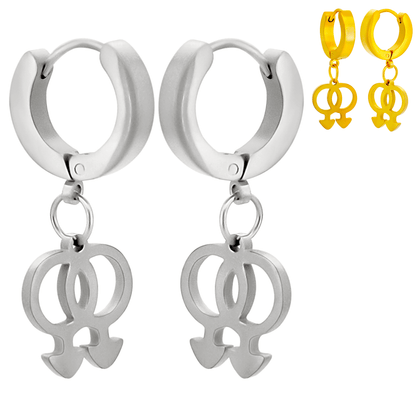 Hypoallergenic 316L Stainless Steel Dangling LGBT Pride Symbol Huggies – Steel, Gold & Black Plated Clip-On Earrings.