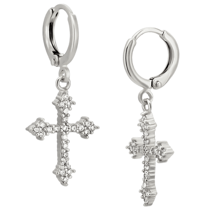 Hypoallergenic 316L Stainless Steel Dangling Cross Zircon Huggies – Gold & Steel Plated Clip-On Earrings