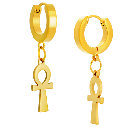 Hypoallergenic 316L Stainless Steel Dangling Ankh Cross Huggies – Steel, Gold, Black & Rainbow Plated Clip-On Earrings
