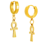 Hypoallergenic 316L Stainless Steel Dangling Ankh Cross Huggies – Steel, Gold, Black & Rainbow Plated Clip-On Earrings