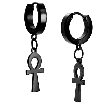 Hypoallergenic 316L Stainless Steel Dangling Ankh Cross Huggies – Steel, Gold, Black & Rainbow Plated Clip-On Earrings