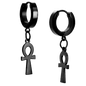 Hypoallergenic 316L Stainless Steel Dangling Ankh Cross Huggies – Steel, Gold, Black & Rainbow Plated Clip-On Earrings