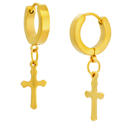 Hypoallergenic 316L Stainless Steel Dangling Cross Huggies – Steel, Gold, Black, Rose Gold & Rainbow Plated Clip-On Earrings