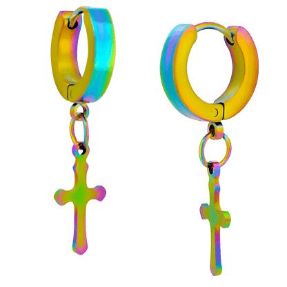 Hypoallergenic 316L Stainless Steel Dangling Cross Huggies – Steel, Gold, Black, Rose Gold & Rainbow Plated Clip-On Earrings
